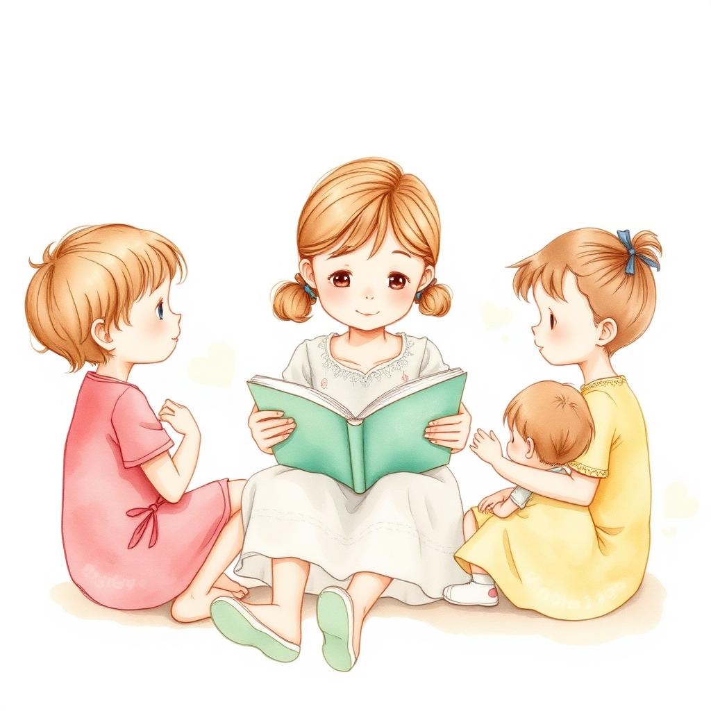 Ilustração de uma menina lendo para crianças menores